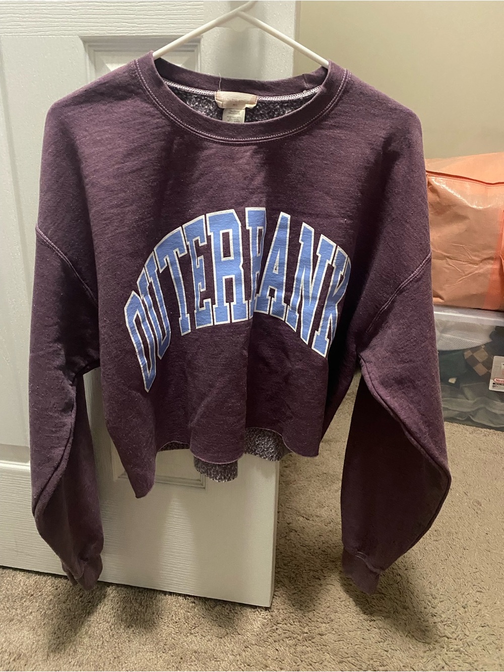 Altar'd State Plum Cropped Crewneck Sweatshirt with Blue Arch Lettering